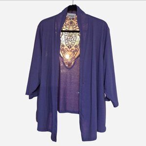 Women' plus size 2X purple kimono/cardigan with a lace in-lay.